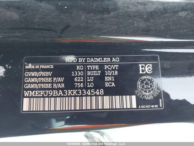 WMEFJ9BA3KK334548 Smart Fortwo