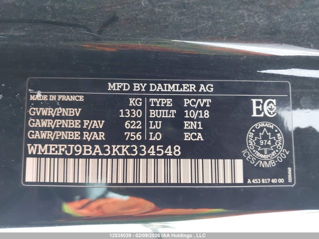 WMEFJ9BA3KK334548 Smart Fortwo