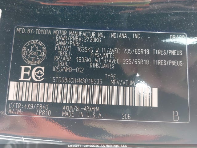 Aukcja sprzedaży 2021 Toyota Highlander Hybrid Xle, vin: 5TDGBRCH4MS018535, numer aukcji: 12535041