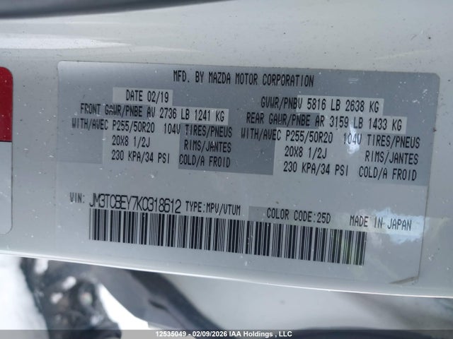 JM3TCBEY7K0318612 Mazda Cx-9 Signature