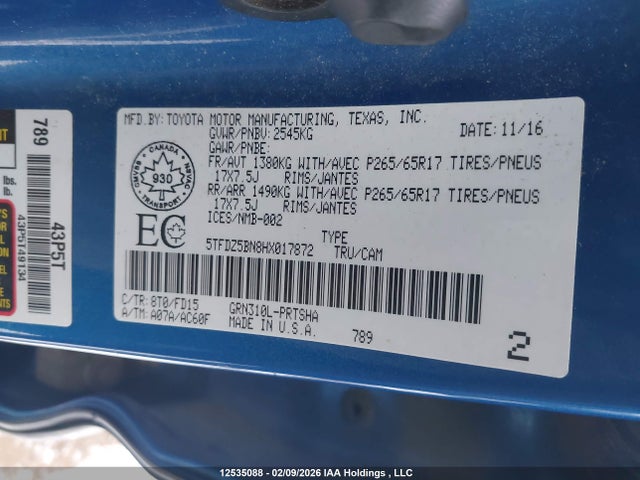 5TFDZ5BN8HX017872 Toyota Tacoma Dbl Cab/sr5/trd Sport/or