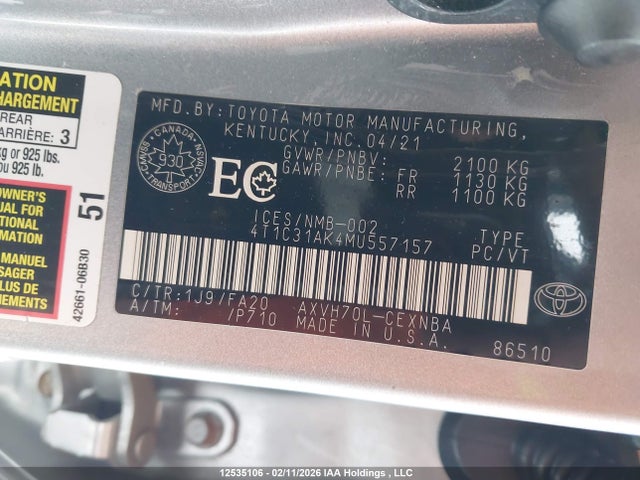 4T1C31AK4MU557157 Toyota Camry Hybrid Le