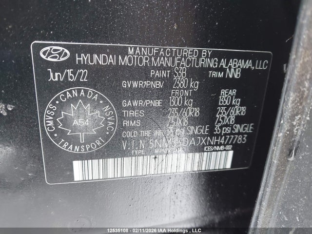 5NMS3DAJXNH477783 Hyundai Santa Fe Preferred Awd
