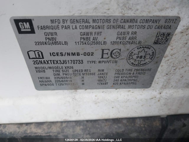 Aukcja sprzedaży 2018 Chevrolet Equinox Lt, vin: 2GNAXTEX3J6170733, numer aukcji: 12535129