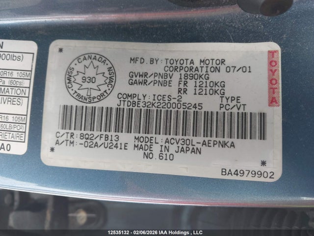12535132 :رقم المزاد ، JTDBE32K220005245 vin ، 2002 Toyota Camry Le/xle مزاد بيع