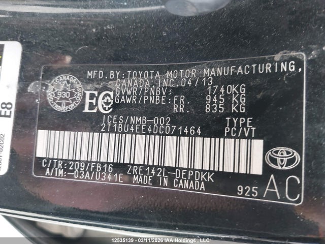 Aukcja sprzedaży 2013 Toyota Corolla S/le, vin: 2T1BU4EE4DC071464, numer aukcji: 12535139