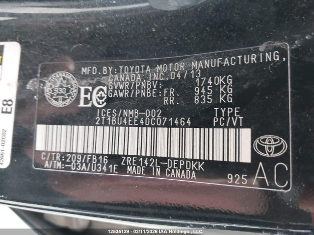 Aukcja sprzedaży 2013 Toyota Corolla S/le, vin: 2T1BU4EE4DC071464, numer aukcji: 12535139