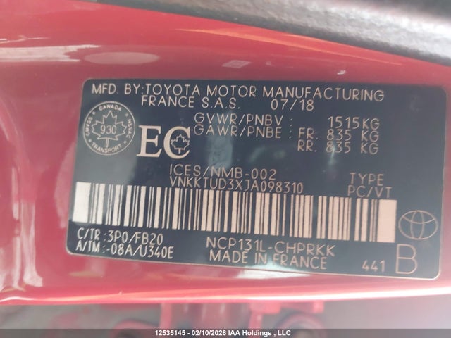 Aukcja sprzedaży 2018 Toyota Yaris L/le/se, vin: VNKKTUD3XJA098310, numer aukcji: 12535145