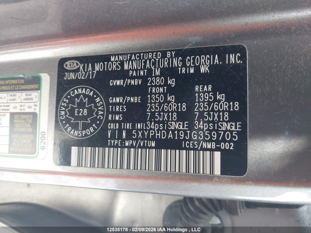 Продажа на аукционе авто 2018 Kia Sorento Ex, vin: 5XYPHDA19JG359705, номер лота: 12535178