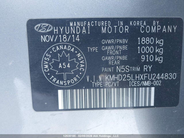 KMHD25LHXFU244830 Hyundai Elantra Gt Gl
