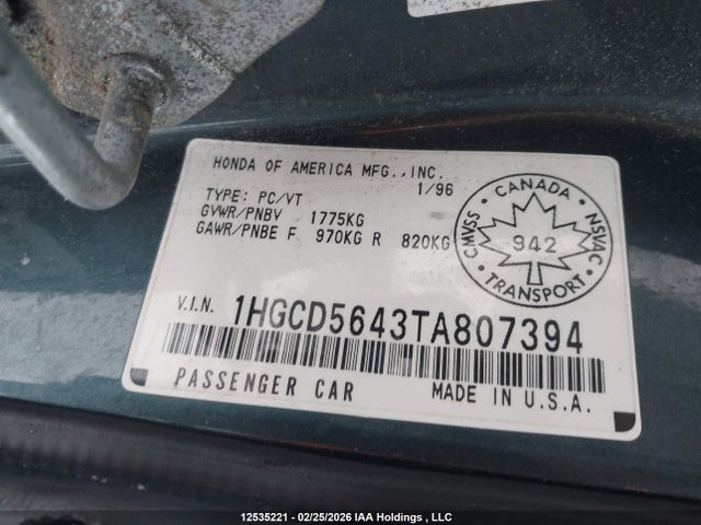 1996 Honda Accord Lx/ex მანქანა იყიდება აუქციონზე, vin: 1HGCD5643TA807394, აუქციონის ნომერი: 12535221