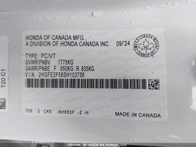 12535264 :رقم المزاد ، 2HGFE2F56SH103756 vin ، 2025 Honda Civic Sport مزاد بيع