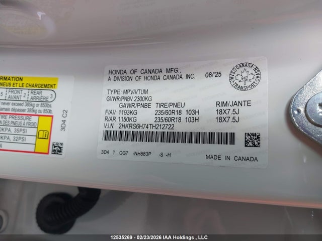 Продаж на аукціоні авто 2026 Honda Cr-v Exl, vin: 2HKRS6H74TH212722, номер лоту: 12535269