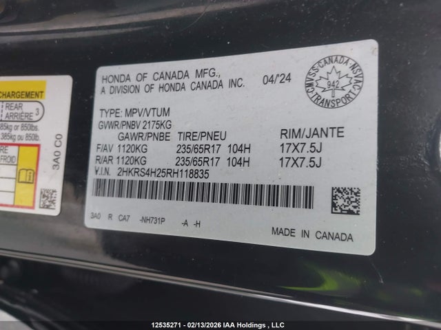 2HKRS4H25RH118835 Honda Cr-v Lx-b