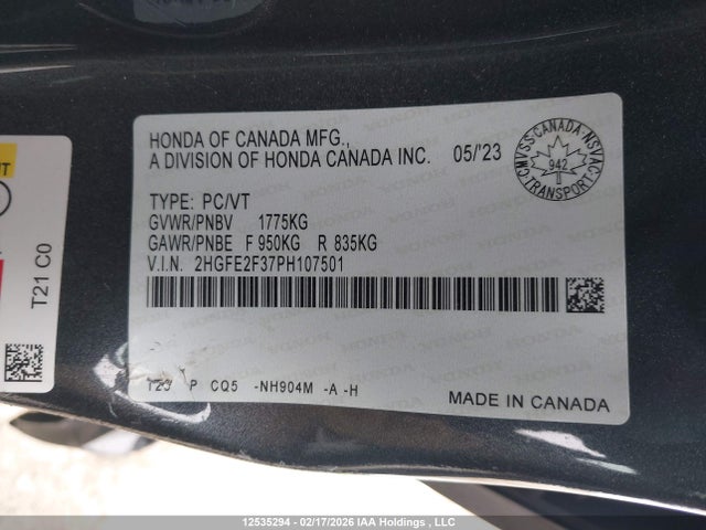 Продаж на аукціоні авто 2023 Honda Civic, vin: 2HGFE2F37PH107501, номер лоту: 12535294