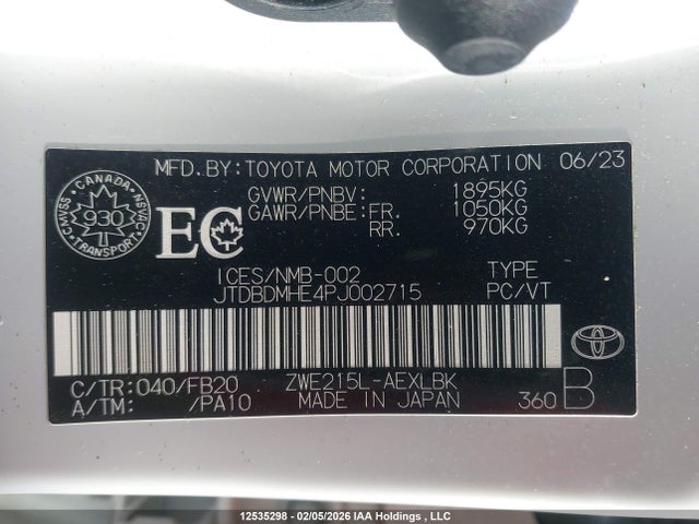 JTDBDMHE4PJ002715 Toyota Corolla Hybrid Le