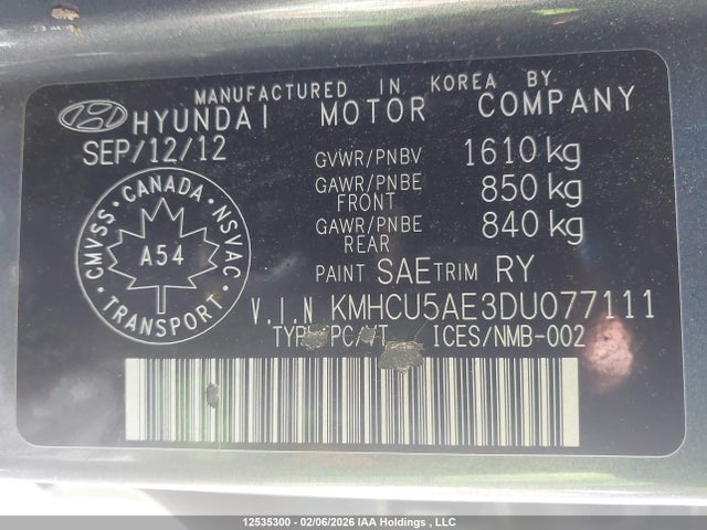 12535300 :رقم المزاد ، KMHCU5AE3DU077111 vin ، 2013 Hyundai Accent Gls مزاد بيع
