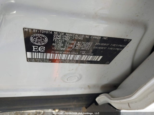 12535347 :رقم المزاد ، 2T3BFREV8GW432549 vin ، 2016 Toyota Rav4 Le مزاد بيع