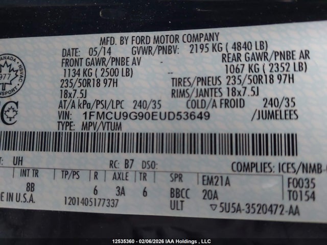 12535360 :رقم المزاد ، 1FMCU9G90EUD53649 vin ، 2014 Ford Escape Se مزاد بيع