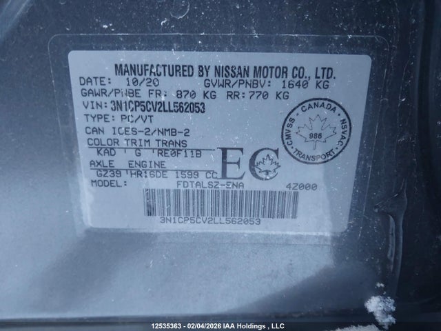 3N1CP5CV2LL562053 Nissan KICKS SV