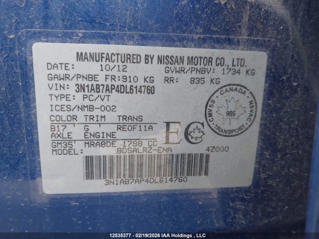 Продажа на аукционе авто 2013 Nissan Sentra S/sv/sr/sl, vin: 3N1AB7AP4DL614760, номер лота: 12535377