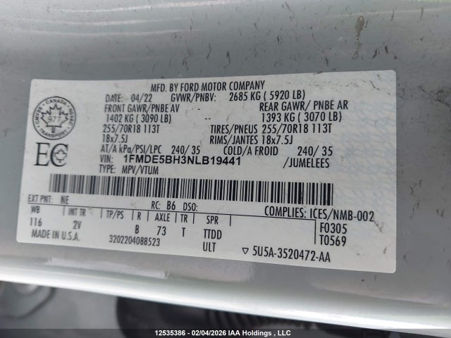 Продажа на аукционе авто 2022 Ford Bronco Outer Banks, vin: 1FMDE5BH3NLB19441, номер лота: 12535386