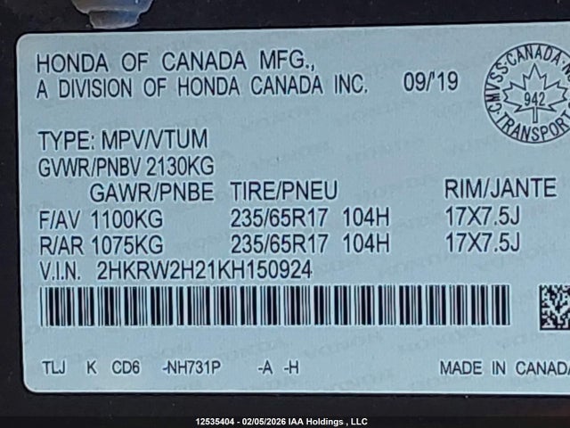 12535404 :رقم المزاد ، 2HKRW2H21KH150924 vin ، 2019 Honda Cr-v Lx مزاد بيع