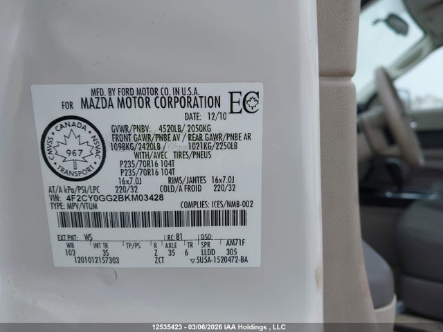 Aukcja sprzedaży 2011 Mazda Tribute S, vin: 4F2CY0GG2BKM03428, numer aukcji: 12535423