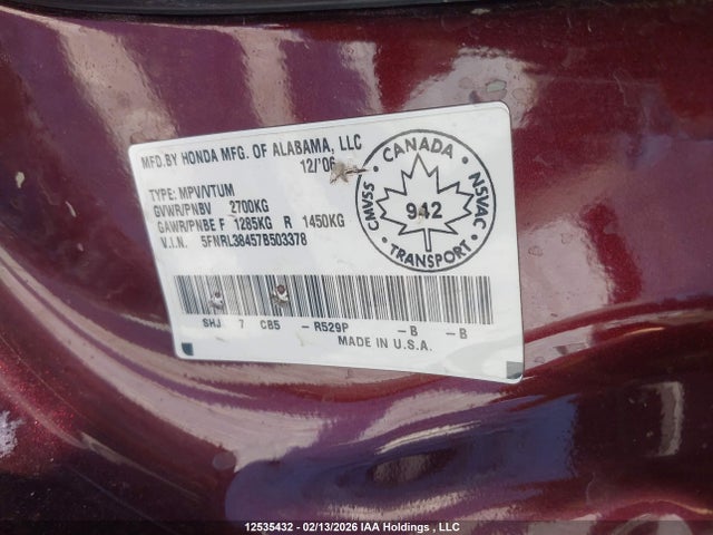 Продаж на аукціоні авто 2007 Honda Odyssey Ex, vin: 5FNRL38457B503378, номер лоту: 12535432