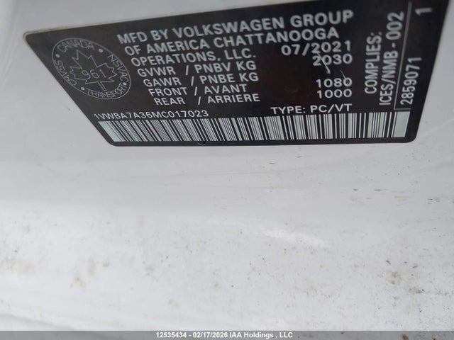 2021 Volkswagen Passat Highline მანქანა იყიდება აუქციონზე, vin: 1VWBA7A36MC017023, აუქციონის ნომერი: 12535434