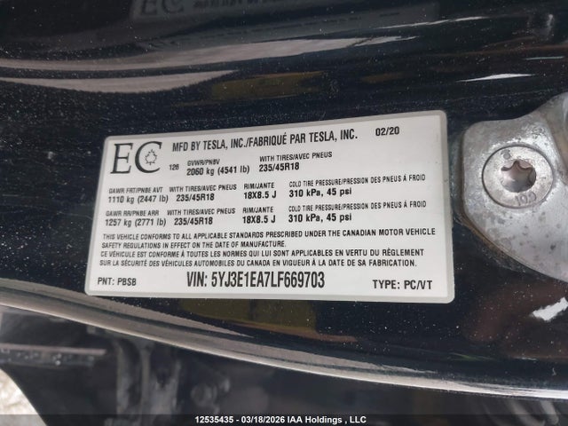 Aukcja sprzedaży 2020 Tesla Model 3, vin: 5YJ3E1EA7LF669703, numer aukcji: 12535435