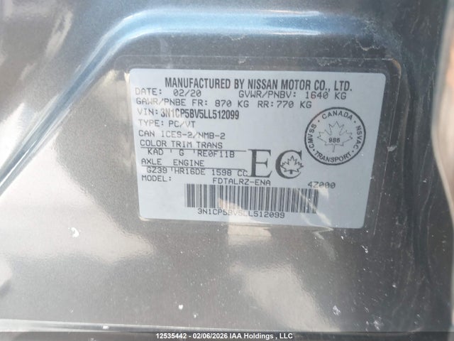 Продажа на аукционе авто 2020 Nissan Kicks S, vin: 3N1CP5BV5LL512099, номер лота: 12535442