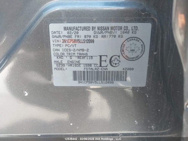 Продажа на аукционе авто 2020 Nissan Kicks S, vin: 3N1CP5BV5LL512099, номер лота: 12535442