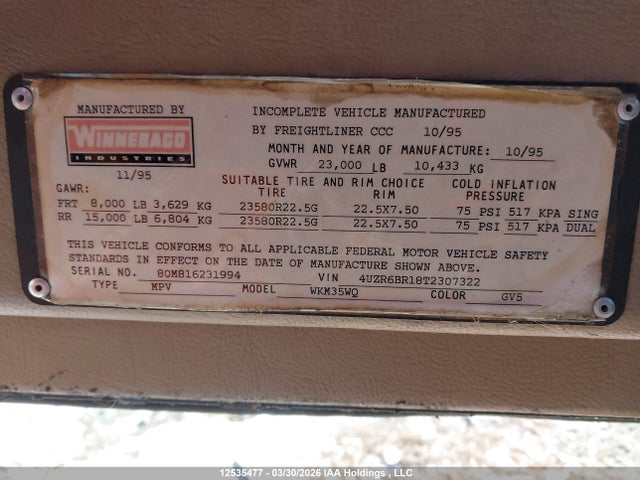 Aukcja sprzedaży 1996 Freightliner Chassis X Line Motor Home, vin: 4UZR6BR18T2307322, numer aukcji: 12535477