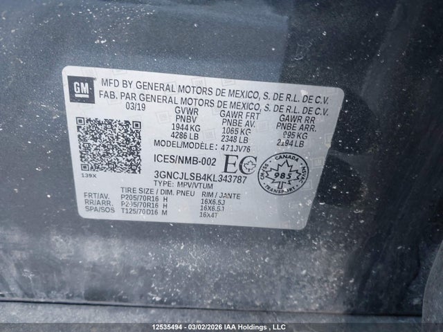 Продаж на аукціоні авто 2019 Chevrolet Trax 1lt, vin: 3GNCJLSB4KL343787, номер лоту: 12535494