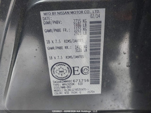 5N1AR2MM4EC671756 Nissan Pathfinder S/sv/sl/platinum