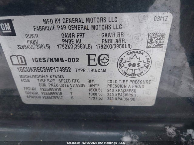 1GCUKREC3HF174852 Chevrolet Silverado K1500 Lt