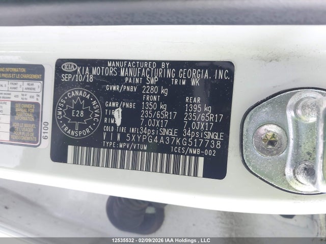 5XYPG4A37KG517738 KIA Sorento 2.4l Lx