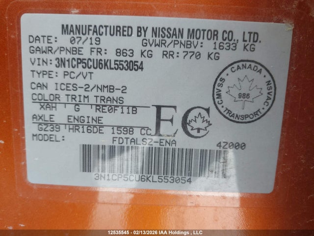 3N1CP5CU6KL553054 Nissan Kicks S/sr/sv
