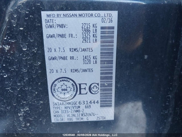 5N1AR2MM1GC631444 Nissan Pathfinder Platinum/s/sl/sv
