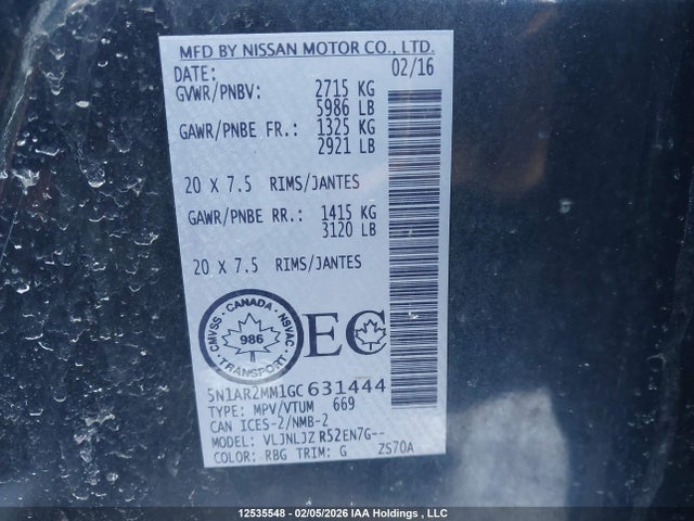 5N1AR2MM1GC631444 Nissan Pathfinder Platinum/s/sl/sv