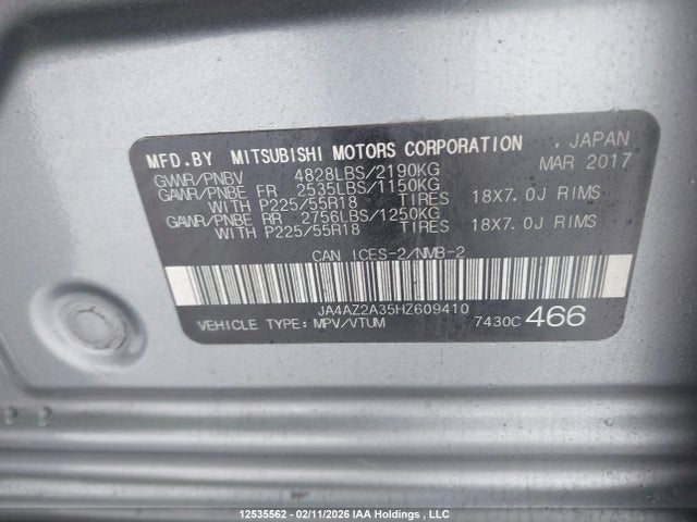 12535562 :رقم المزاد ، JA4AZ2A35HZ609410 vin ، 2017 Mitsubishi Outlander Es مزاد بيع