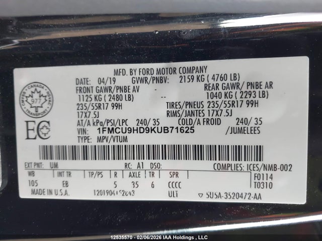 Ford ESCAPE SEL 2019 1FMCU9HD9KUB71625 Image 9