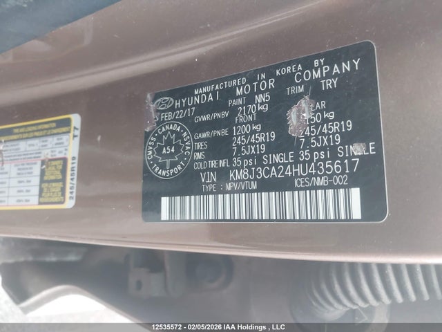 KM8J3CA24HU435617 Hyundai Tucson Limited/sport And Eco/se