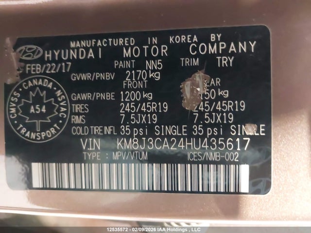 KM8J3CA24HU435617 Hyundai Tucson Limited/sport And Eco/se