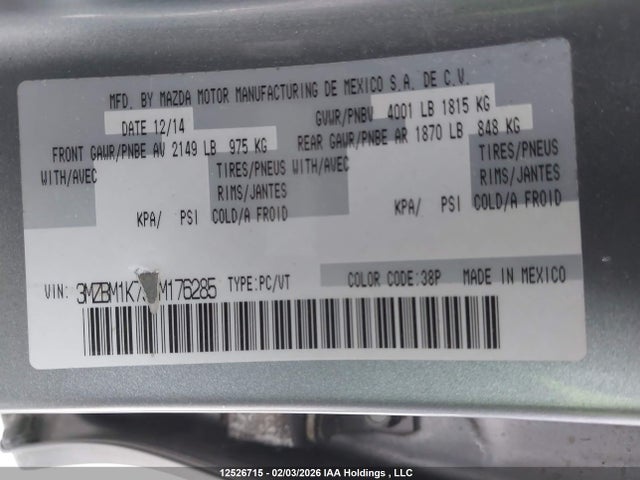 3MZBM1K79FM176285 Mazda Mazda3 Gx