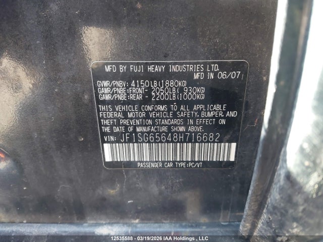 2008 Subaru Forester მანქანა იყიდება აუქციონზე, vin: JF1SG65648H716682, აუქციონის ნომერი: 12535588