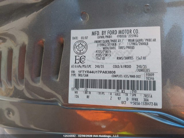Продажа на аукционе авто 2007 Ford Ranger Super Cab, vin: 1FTYR44U17PA83808, номер лота: 12535592