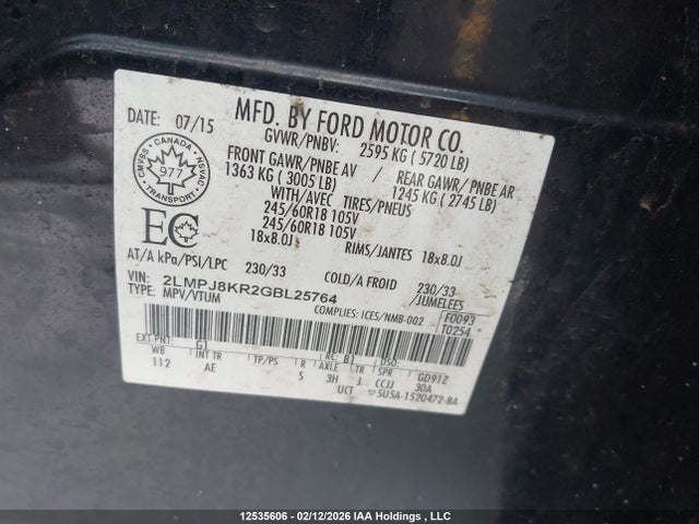 2LMPJ8KR2GBL25764 Lincoln MKX