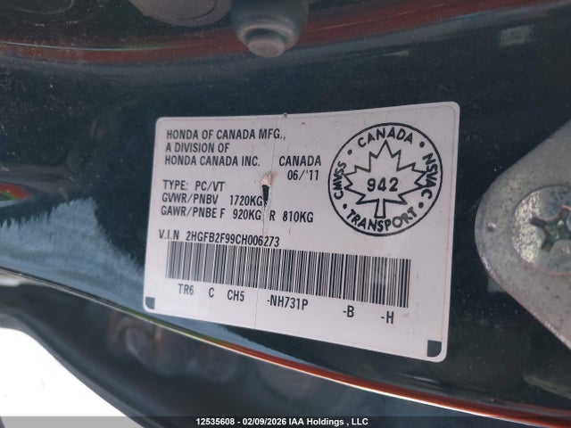 Aukcja sprzedaży 2012 Honda Civic Exl, vin: 2HGFB2F99CH006273, numer aukcji: 12535608